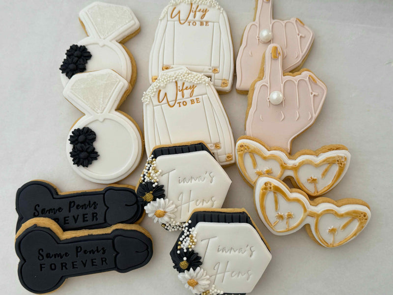 Black, White and Gold Hens Cookies with ring finger, engagement and wedding jacket cookies