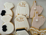 Wifey to Be Wedding Jacket Cookies with Gold Ring Finger Cookie and White Engagement Ring Cookies